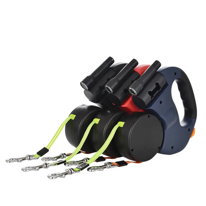 Automatic retractable twin dog leash for seamless extension and retraction.
