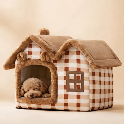 Cozy enclosed cat cave bed with soft plush lining for cold winter nights.