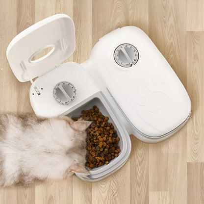 Smart pet food dispenser featuring a programmable timer for scheduled feedings.